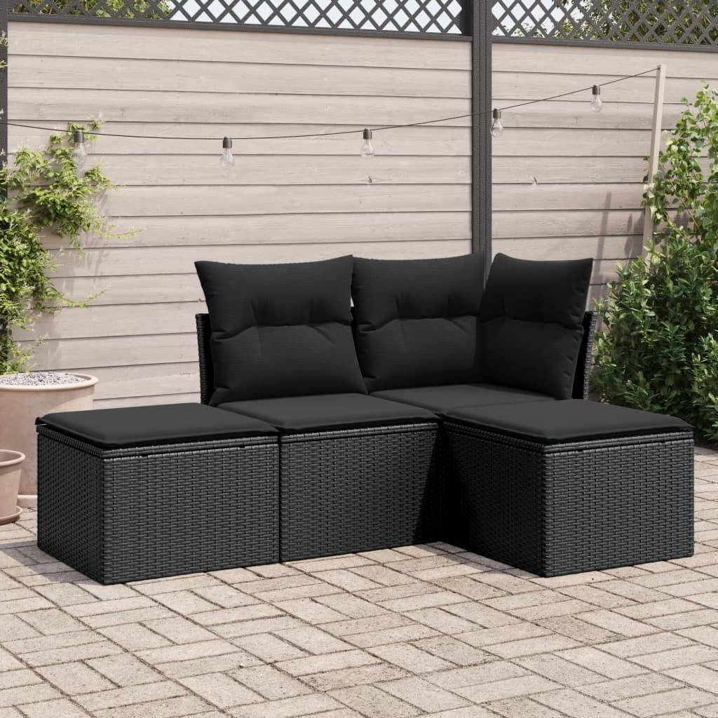 Schlichtes 4-tlg. Garten-Sofagarnitur,Lounge-Gartenmöbel, Gartensofa Set mit Kissen Schwarz Poly Rattan DE6272