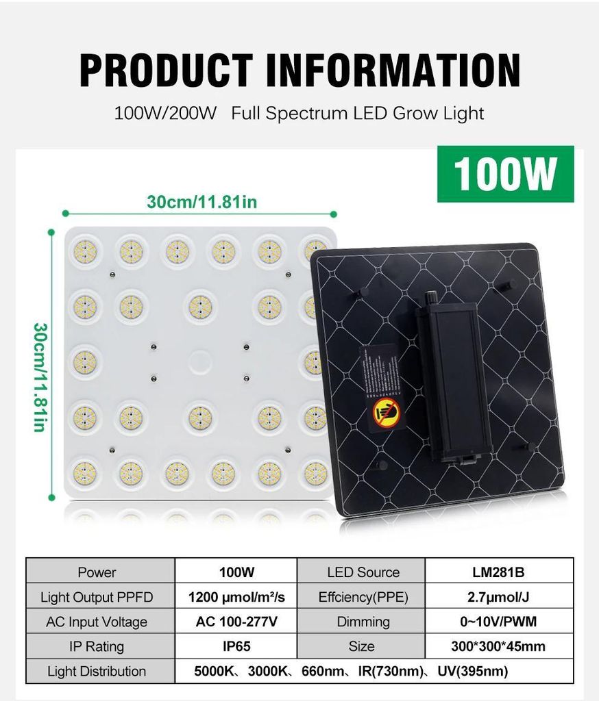 LED Pflanzenlampe Grow Lampe - 100W quadratisches Panel - Dimmbar mit Drehknopf - 110–240V AC - EU-Stecker - Aluminiumgehäuse - ROHS - Selbstst...