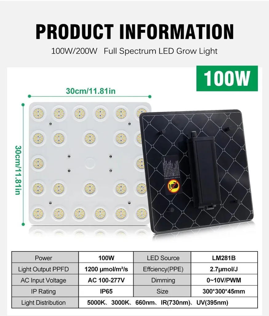 Lampe LED pour plantes 100W réglable avec boîtier aluminium et spectre