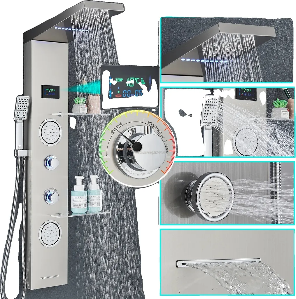 Panneau de douche 3 poignées en acier inoxydable brossé cascade et pluie