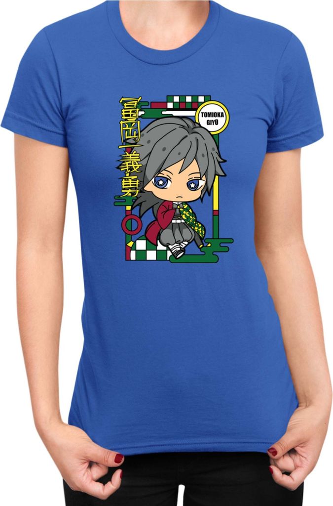 Damen T-Shirt Demon Anime Slayer Kimetsu No Yaiba Chibi Giyu Tomioka, Lady 2XL / Blau
