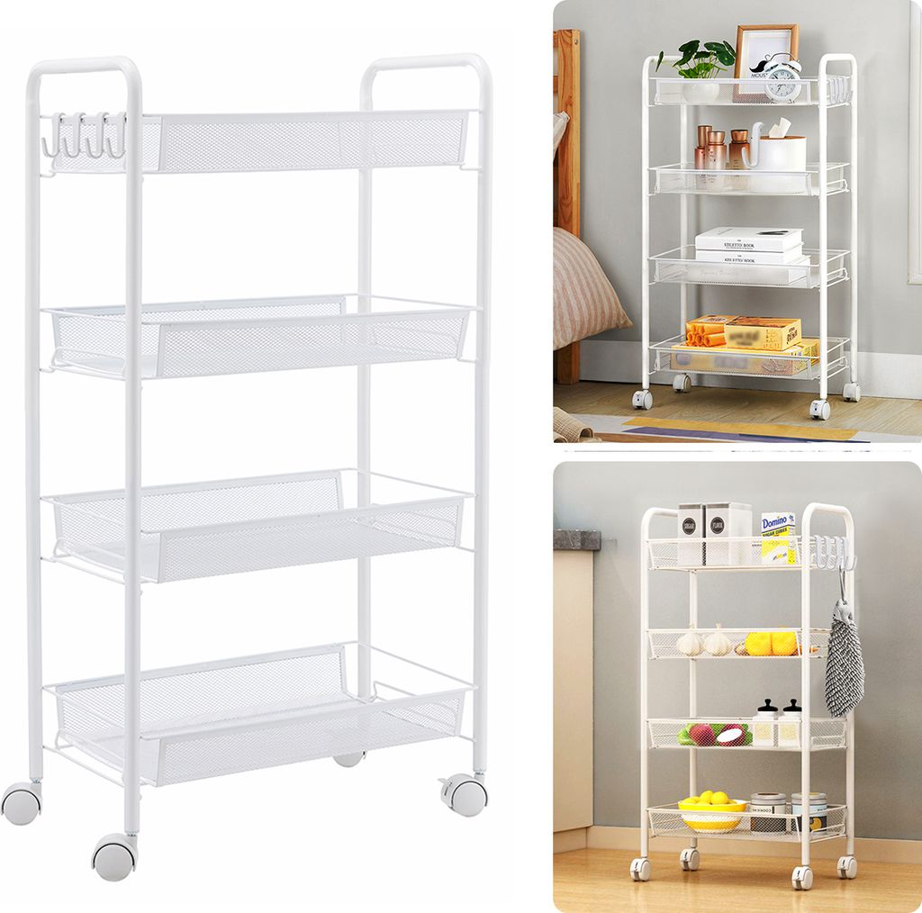7MAGIC Küche Badezimmer Regalwagen mit Rad vierter Stock Lagerregal für Küche, Esszimmer und Bad, Weiß (Maße: 45*26*84 cm)