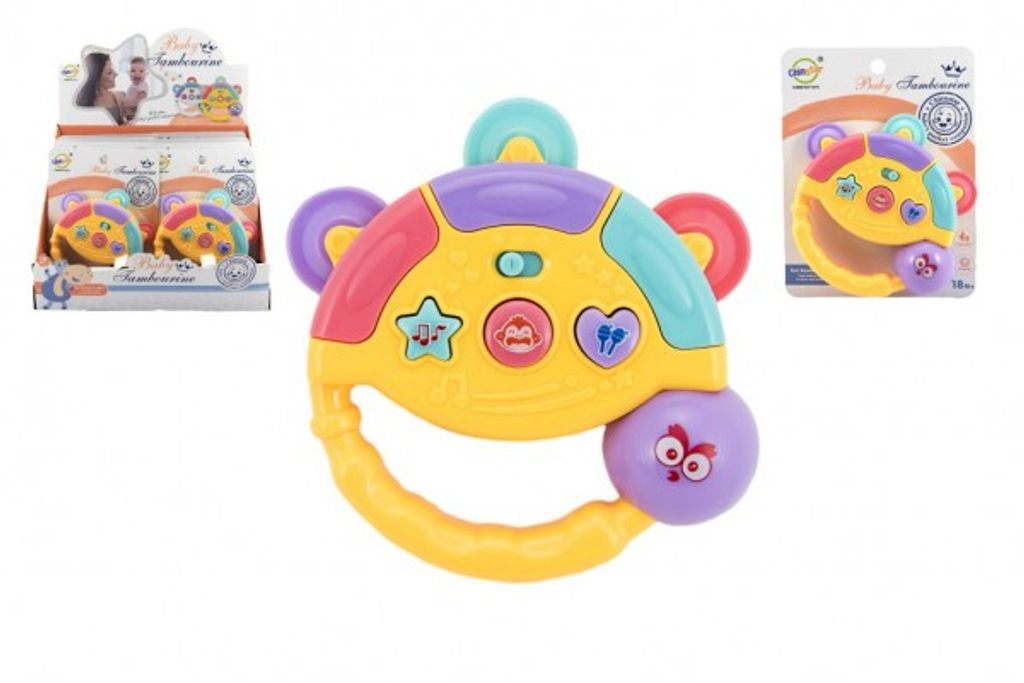 Tamburínka baby plast 12cm 2 barev na baterie se světlem se zvukem