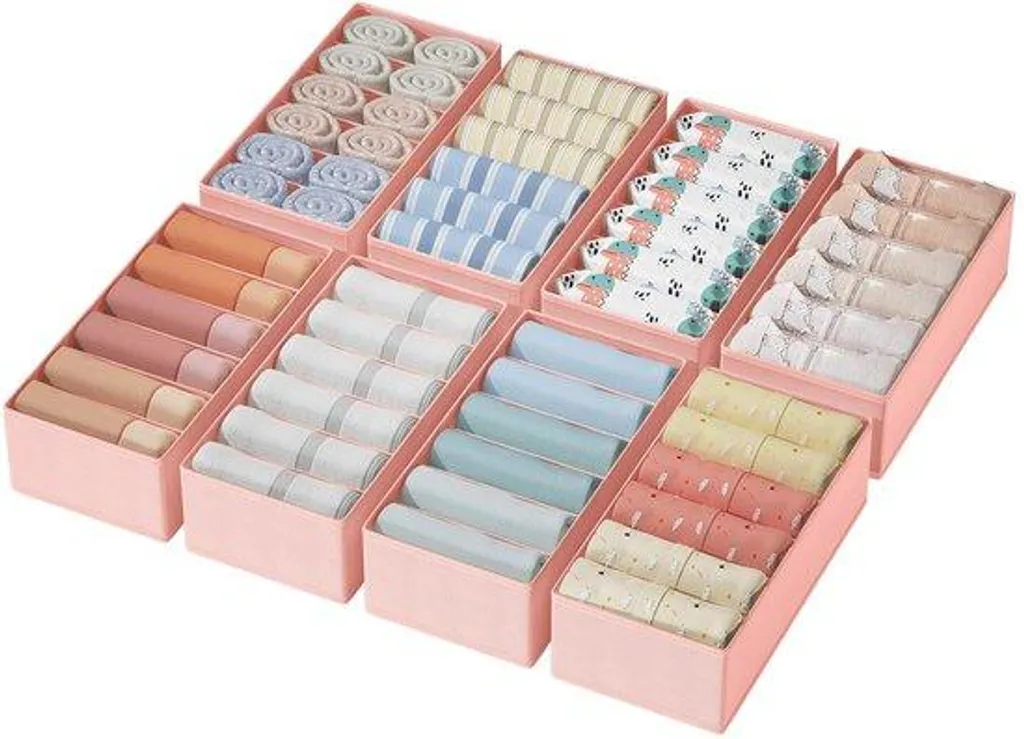 Boîte de rangement pliable et séparateur de tiroir en tissu rose (8 pièces)