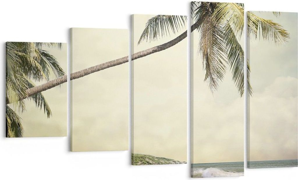 Bild auf Leinwand - Leinwandbild - 5 Teile - Palme Strand Insel - 100x60cm - Wand Bild - Wanddeko - Wandbilder - Leinwanddruck - Bilder - Wanddekor...
