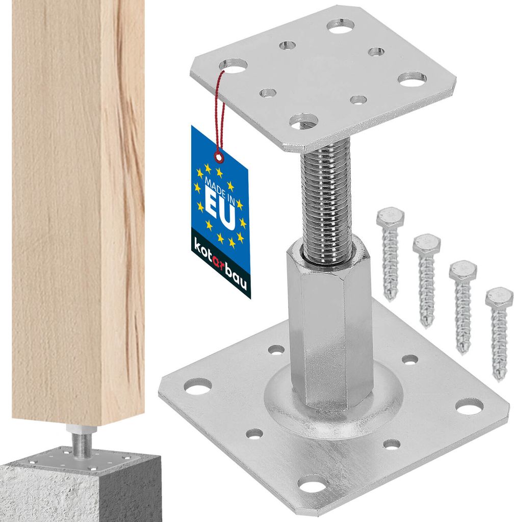 A wooden post is shown attached to a metal adjustable post support, which is mounted on a concrete base. Several screws are also visible.