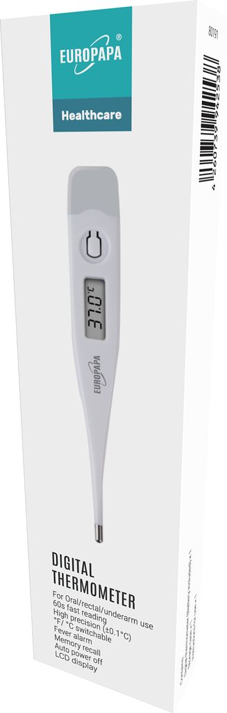 EUROPAPA digitales Fieberthermometer für Babys, Kinder und Erwachsene, Thermometer für oral, axillar oder rektal, wasserdicht mit Fieberalarm (Grau)