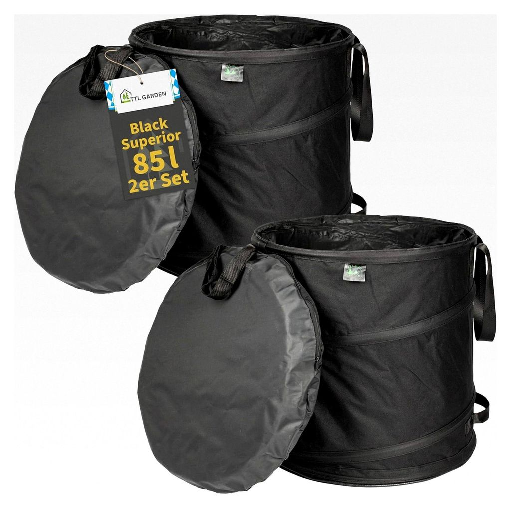 TTL GARDEN BLACK 2x 85L Pop Up Gartensack - Boden 260gsm extra stabil 600D Oxford 2er Set 85 Liter Gartenabfallsack Laubsack faltbar Grünschnitt G...