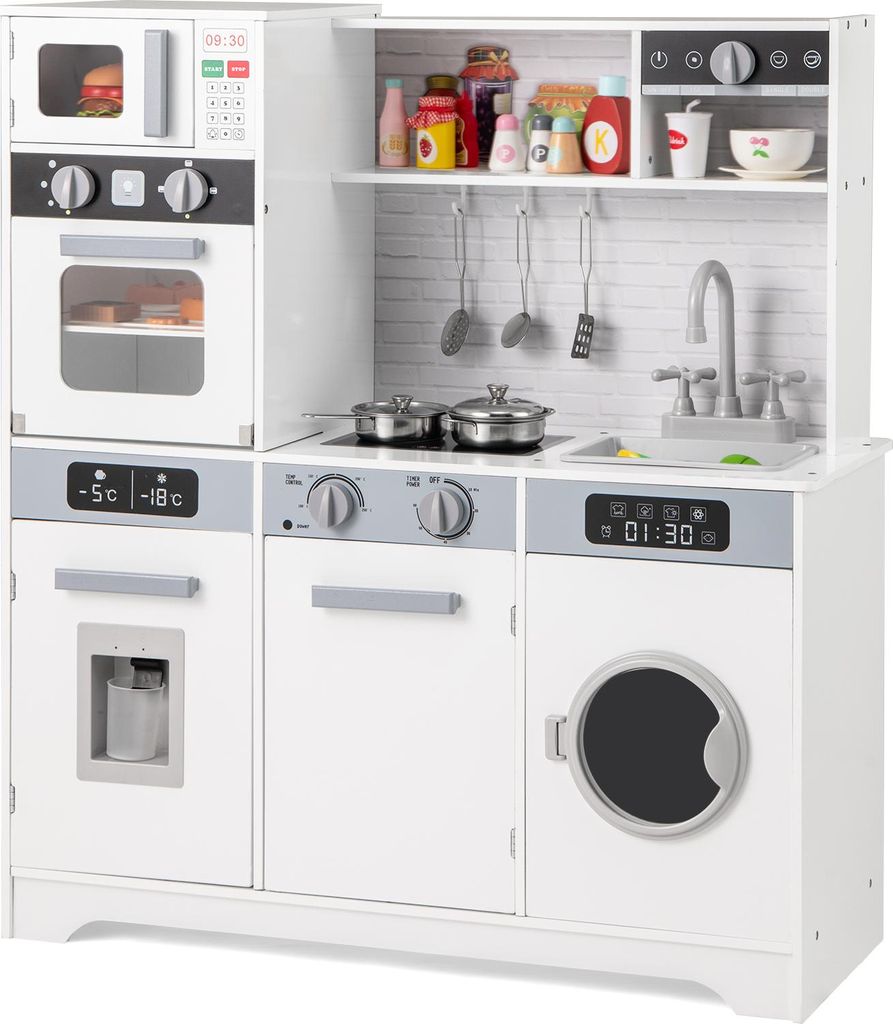GOPLUS Kinderküche, Spielküche mit Wasserspender, Spüle, Wasserhahn, Mikrowelle, Ofen, Kaffeemaschine, Waschmaschine, Utensilien, Weiß