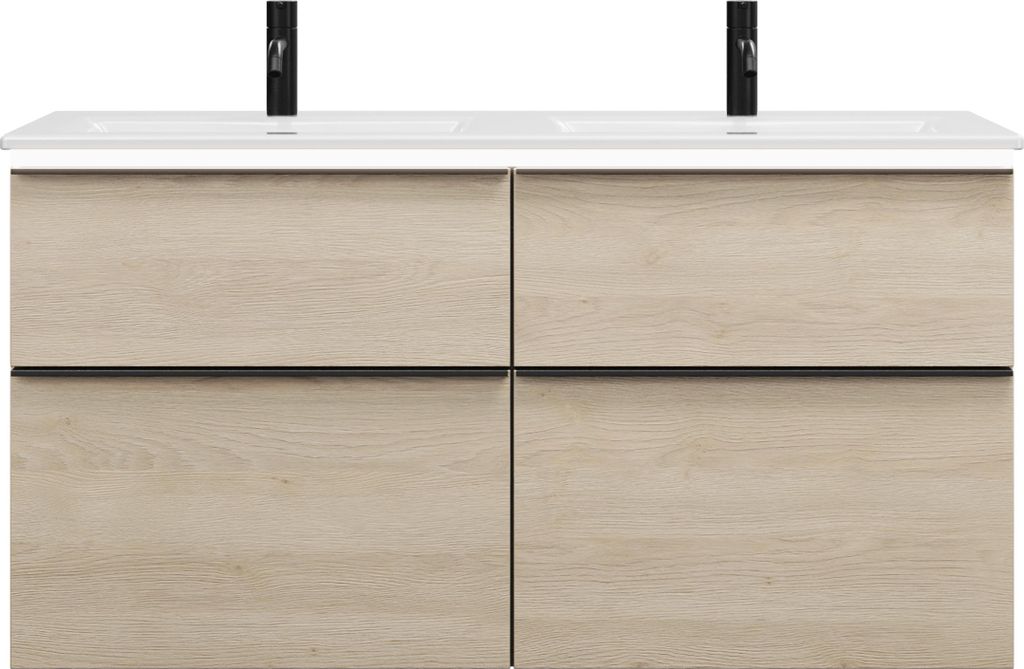 burgbad Eqio Slim Keramik-Doppelwaschtisch inklusive Waschtischunterschrank mit LED-Beleuchtung, mit 4 Schubladen, 1220x490x640mm, SHCA122F3180C000...