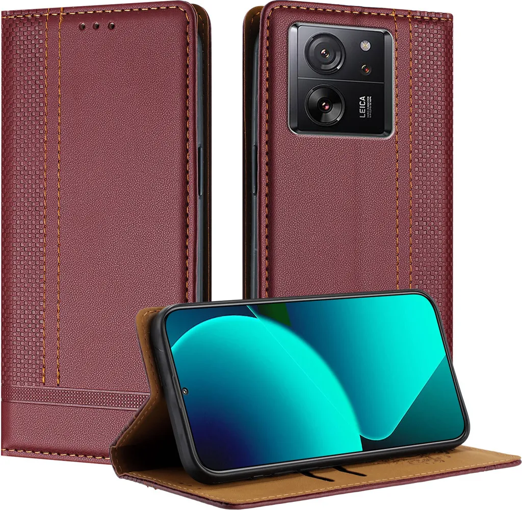 Custodia per Xiaomi 13T/13T Pro/Redmi K60 Ultra in pelle con funzione stand Rosso scuro