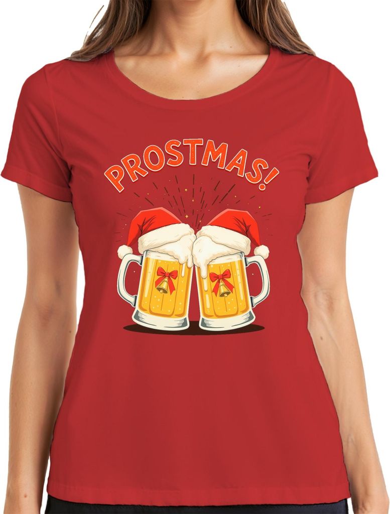 PROSTMAS! Bierkrug Weihnachten Santa Hut Geschenk lustig Damen T-Shirt, Rot, XL