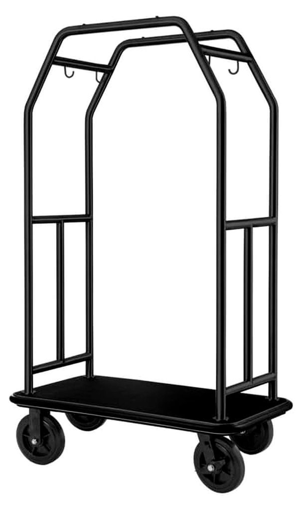 Gepäckwagen Traveller, 112 x 60 x 185 cm, schwarz, Pulverbeschichtet, schwarzer Teppich, Chromnickelstahl 18/8
