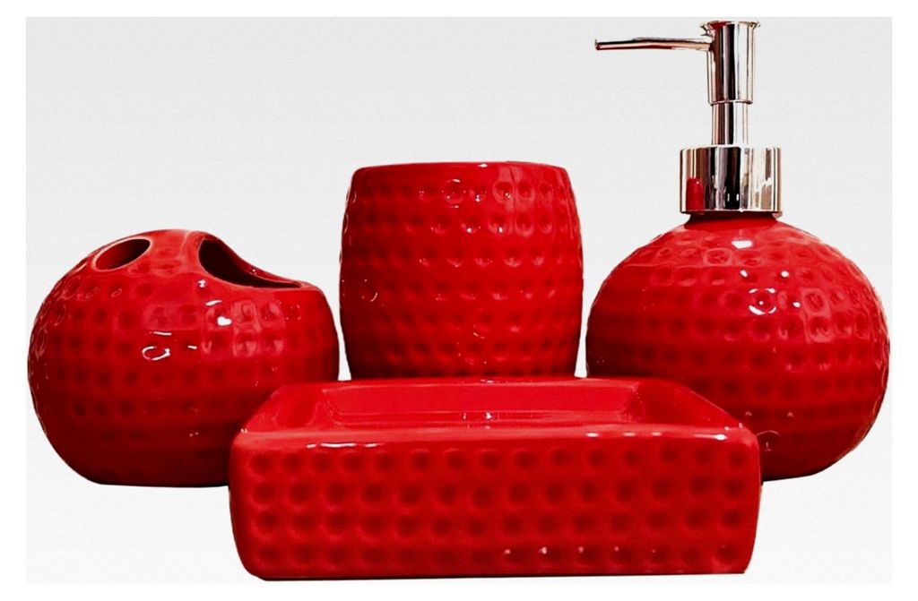 4-teiliges rotes Badezimmer-Set, Keramik-Badezimmer-Accessoires in Rot, inklusive Zahnbürstenhalter, Becher, Lotionspender und Seifenschale für d...