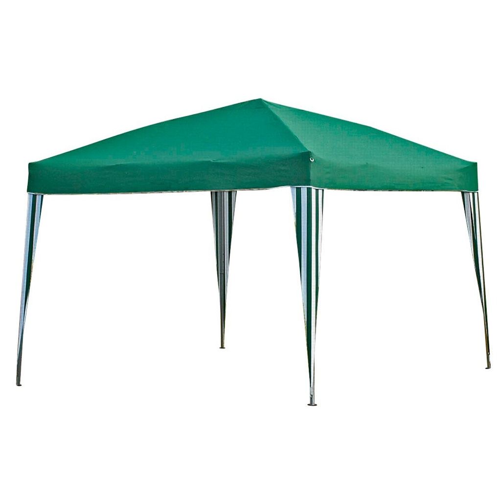 A green and white striped gazebo on a white background.