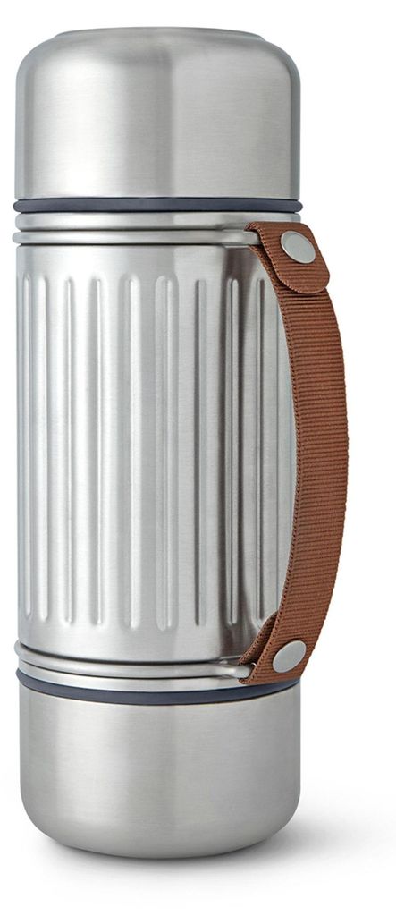 A silver thermos bottle with a brown strap is shown against a white background.