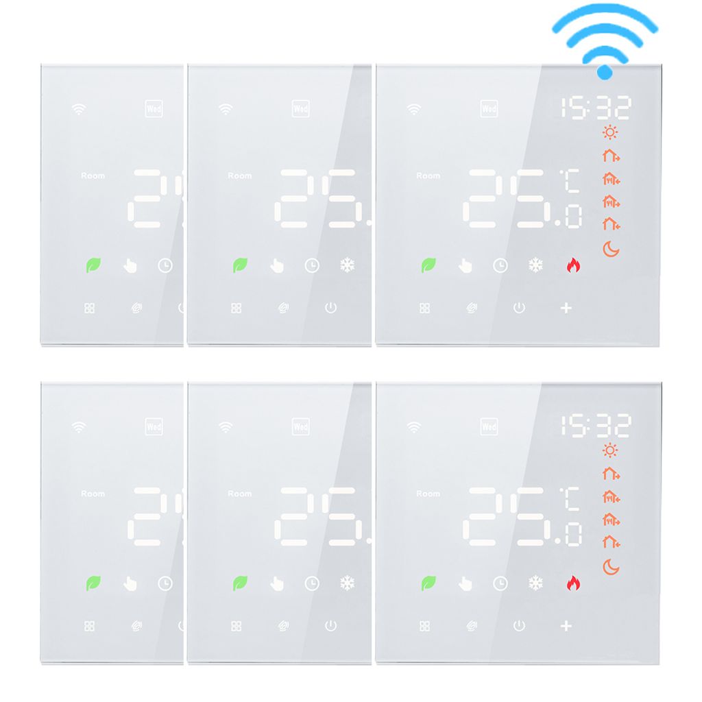 A grid of six smart thermostats displayed on a white background.