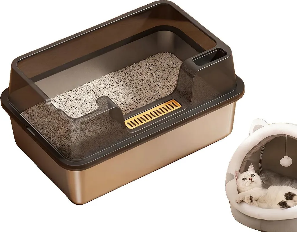 Litière chat inox pour intérieur propre avec bac profond noir 50cm
