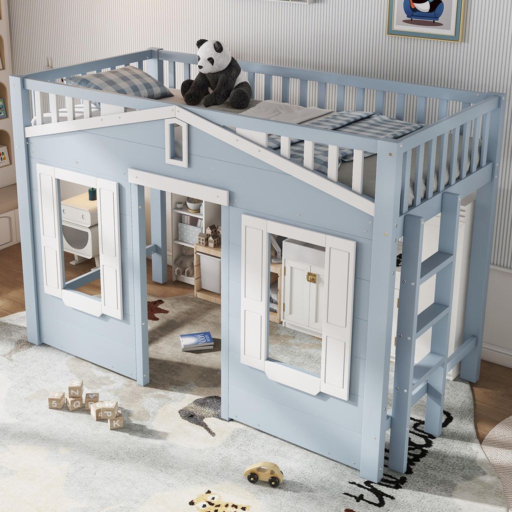 STILVORA Hochbett 90×200 mit Stauraum,Kinderbett Stauraumbett mit Sicherheitsgeländer und Leiter,Bettgestell mit Fenster,Ohne Matratze,Blau