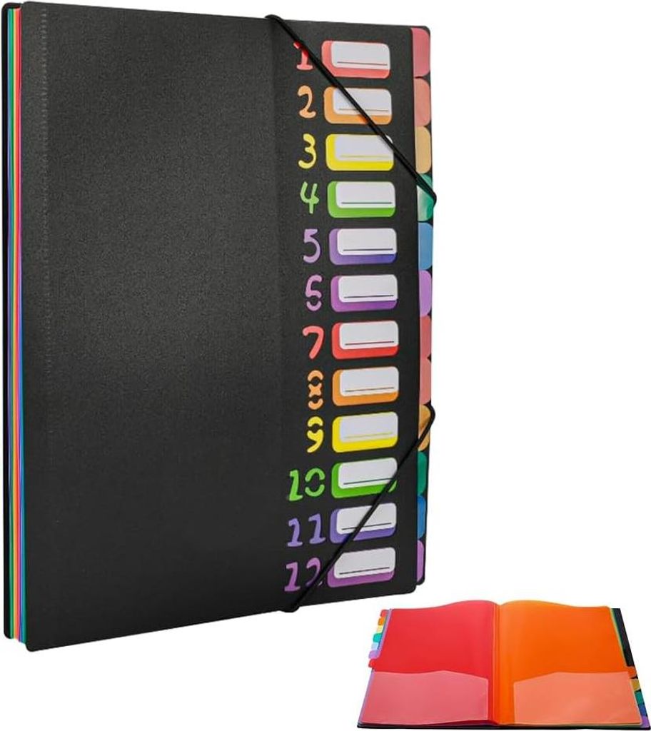 12-fächiger erweiterbarer PP-Sortierordner mit Gummiband für Schule und Büro - A4 Format Dokumentenmappe mit Gummiband