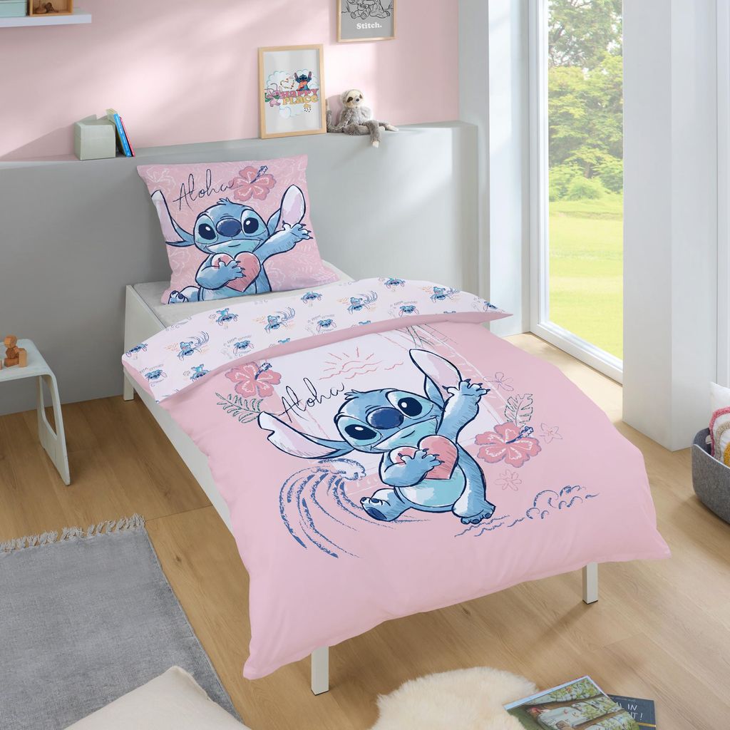 A child's bedroom with a bed featuring Lilo and Stitch themed bedding.