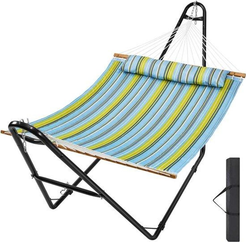 Zwei-Personen-Hängematte mit Stand - Hochfester Stand aus Stahl, Tragetasche und Kissen enthalten - Freistehende Hängematte für Außenbereich