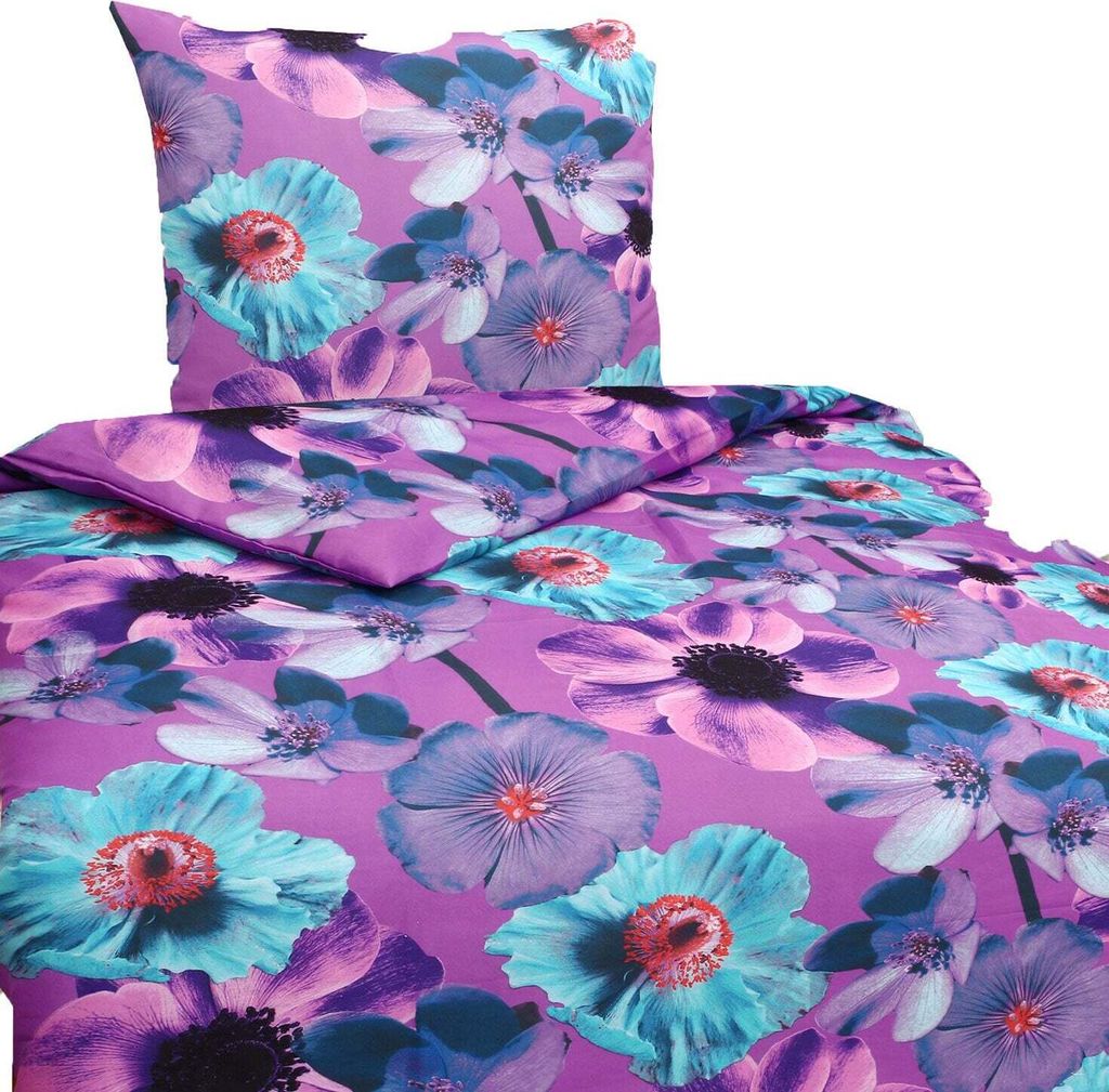 Mikrofaser Satin Bettwäsche Blumen 135x200 80x80 Set 2tlg. Produktbild 