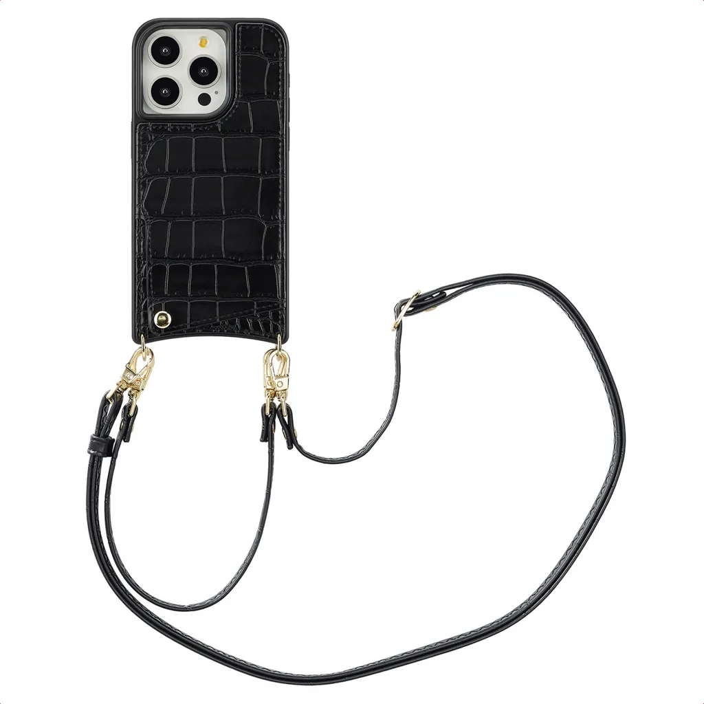 Selencia Nova Croco Custodia per cellulare con cordino e porta carte iPhone 15 Pro - Nero