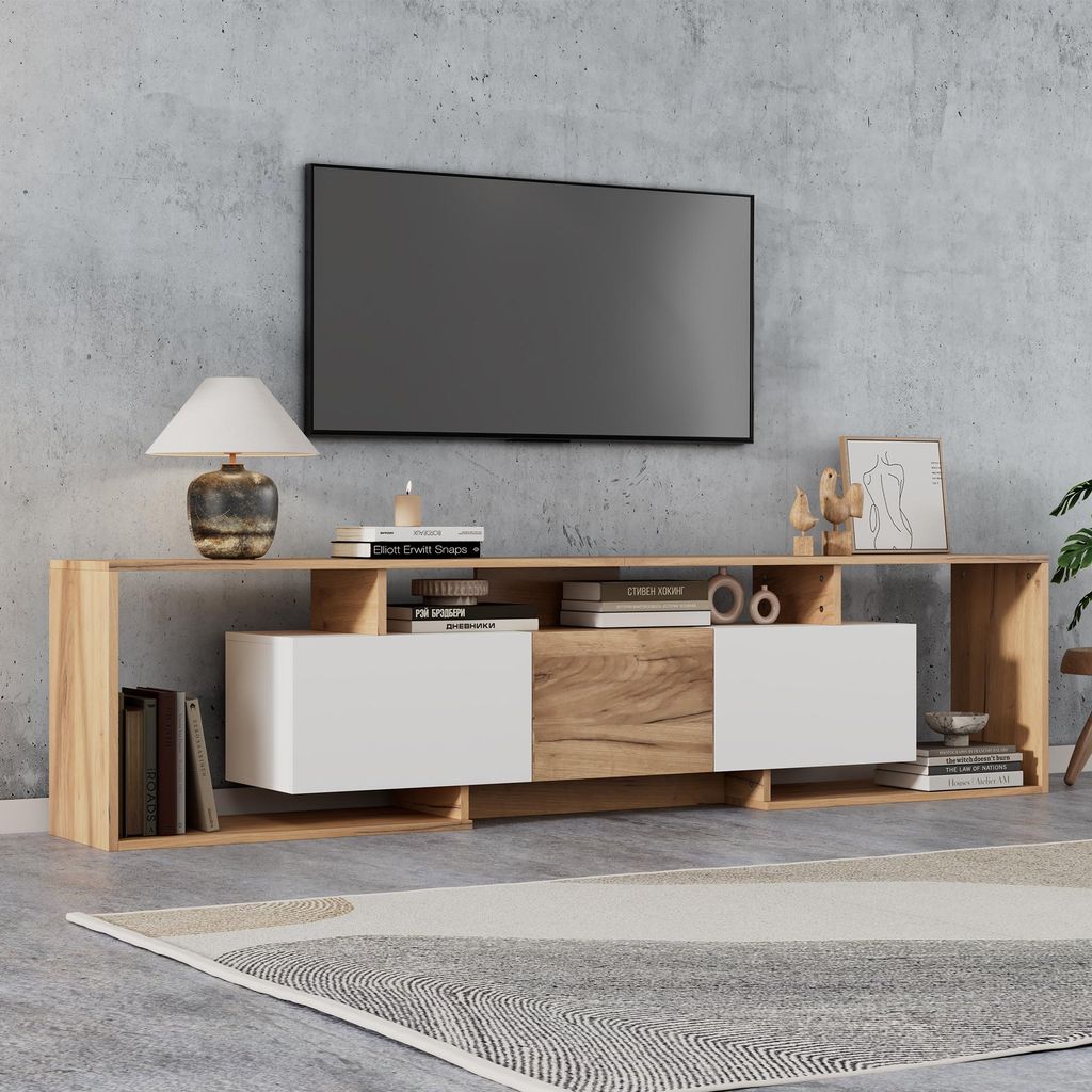okwish TV Schrank mit offenen Fächern und zwei Klapptüren, Lowboard mit viel Stauraum, für TVs bis 85 Zoll,Weiß+Natur