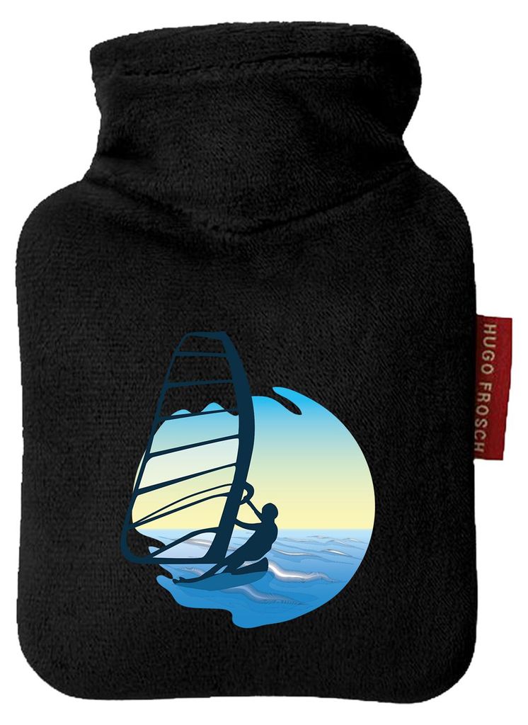 Huuraa Mini-Wärmflasche Windsurfer Surfen 0,2 Liter Black Mini Veloursbezug Taschenwärmer Geschenkidee