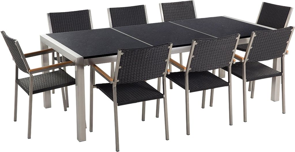 BELIANI Gartenmöbel Set Schwarz Granit Edelstahl Tisch 220 cm Poliert 8 Rattanstühle Terrasse Outdoor Modern