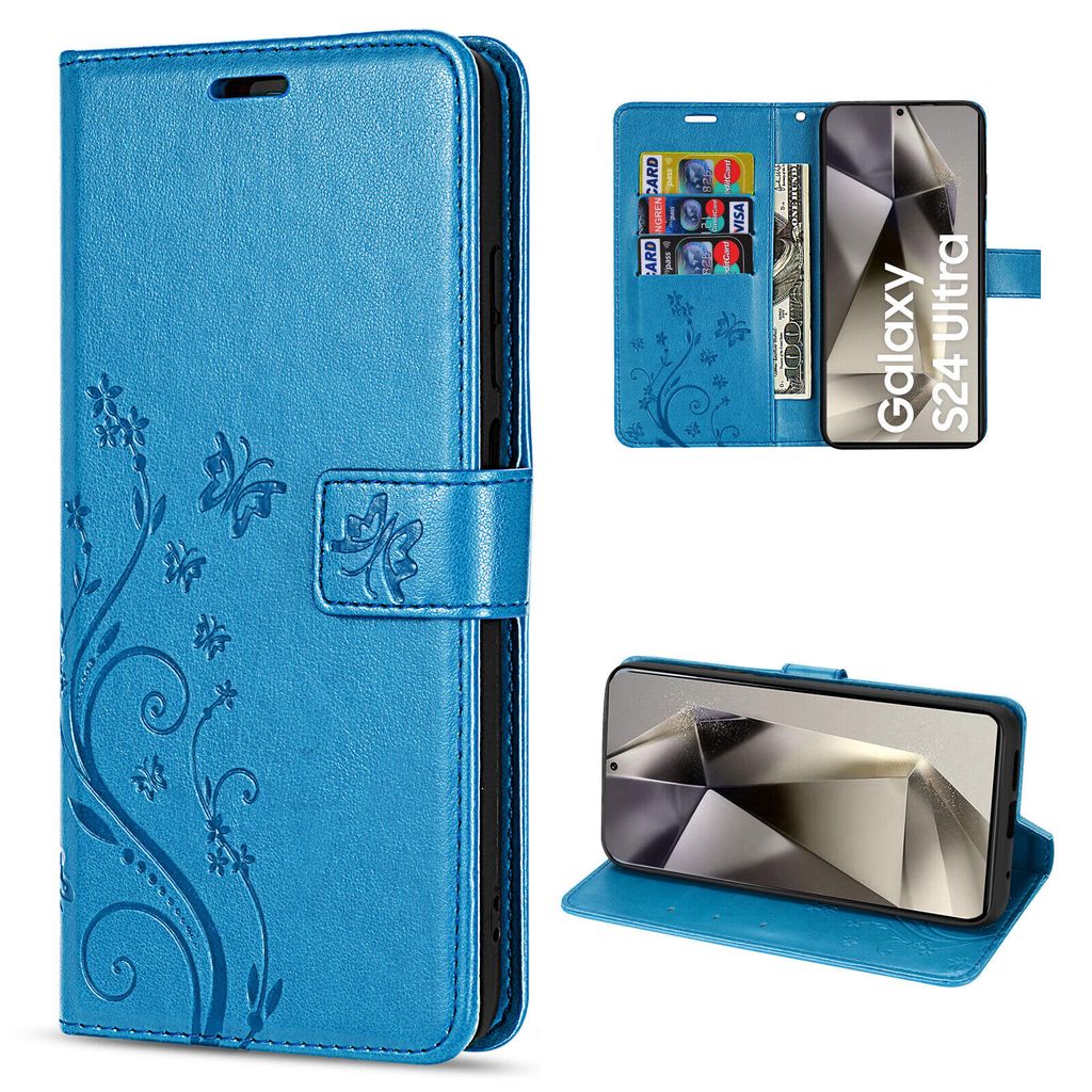 A collage of images showing a blue flip-style phone case with a floral and butterfly embossed design, including views of the case open with cards inserted and the phone inside.
