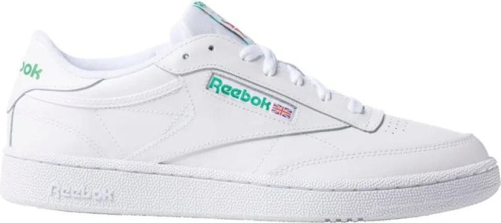 A white Reebok Club 85 sneaker with green accents.
