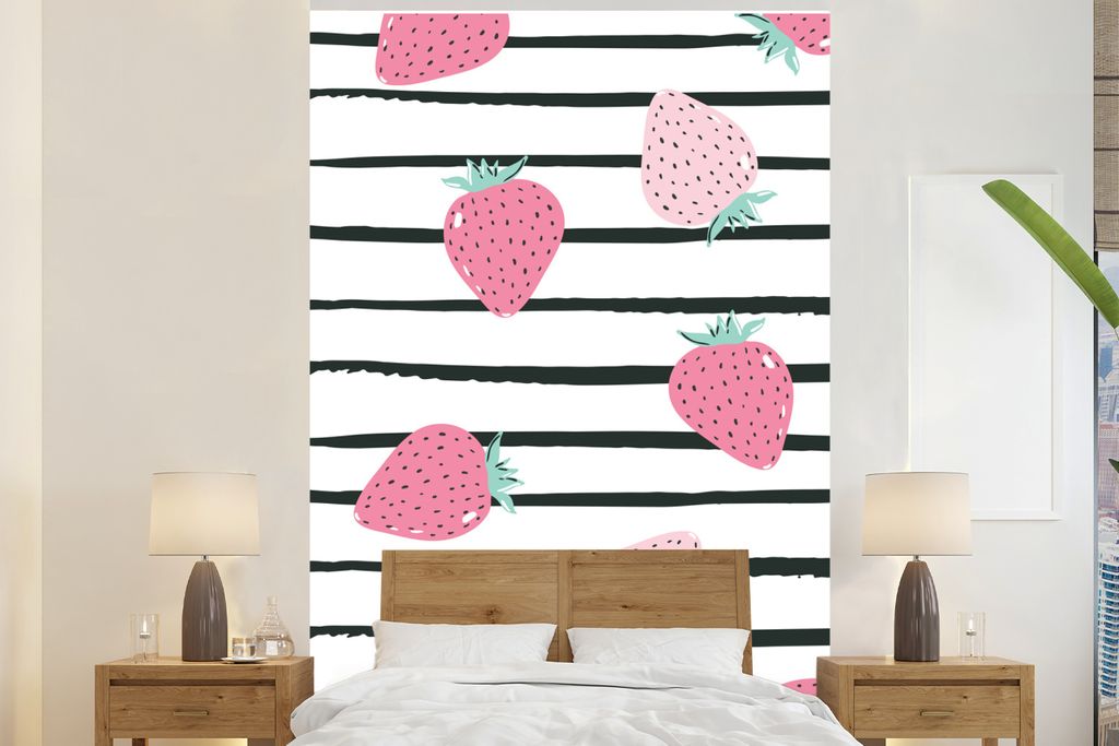 MuchoWow Fototapete für Wohnzimmer oder Schlafzimmer Wandtapete Vinyl Motivtapete Sommer - Erdbeeren - Rosa - 195x300 cm - Das Hintergrundbild
