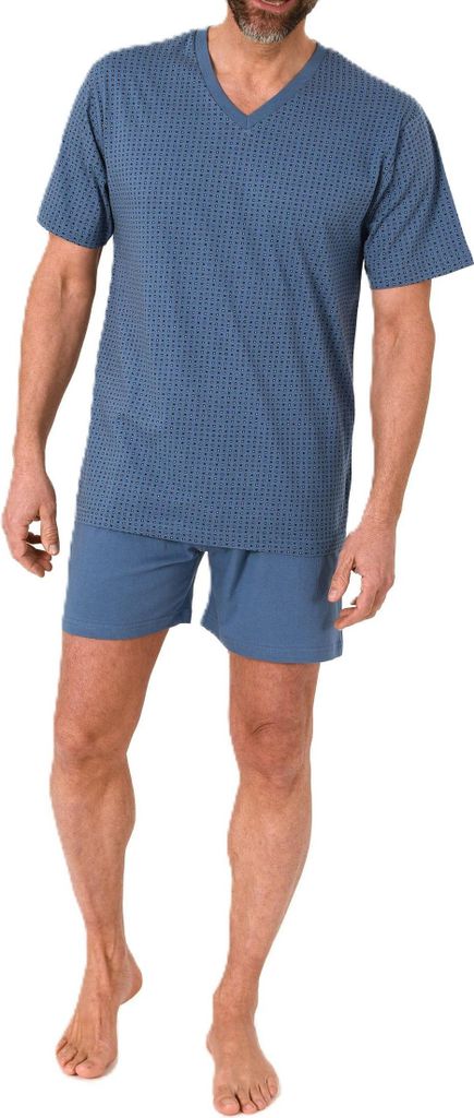 Normann Herren kurzarm Schlafanzug Shorty Pyjama in eleganten Minimal-Print und V-Hals ; blau , 58