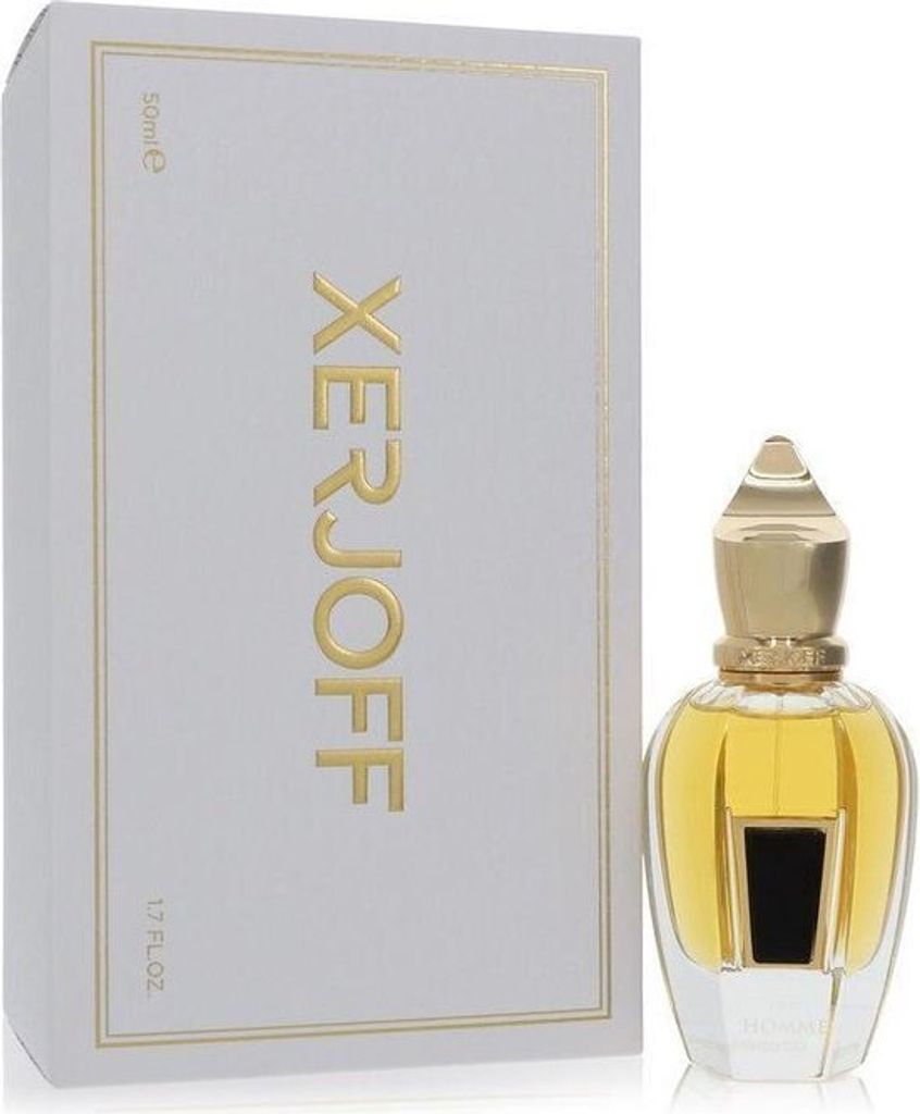 A white box with gold lettering and a perfume bottle.