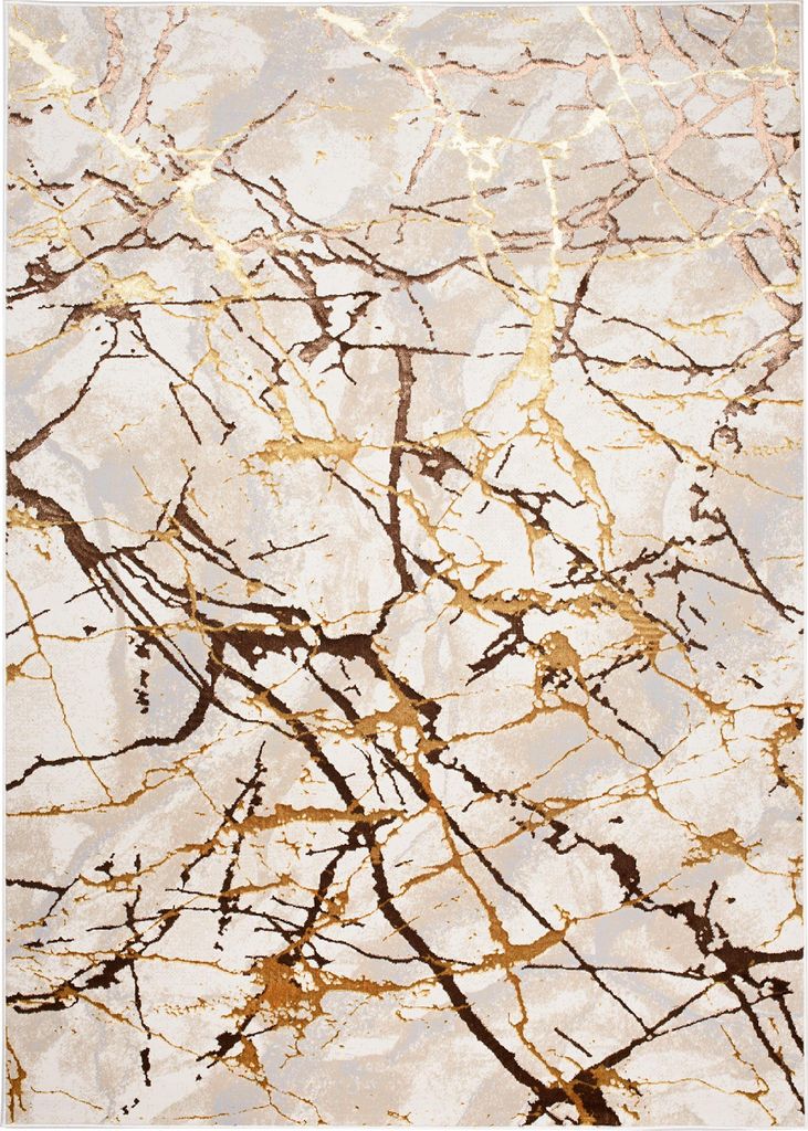 A close-up of a marble-patterned rug with gold and brown veining.