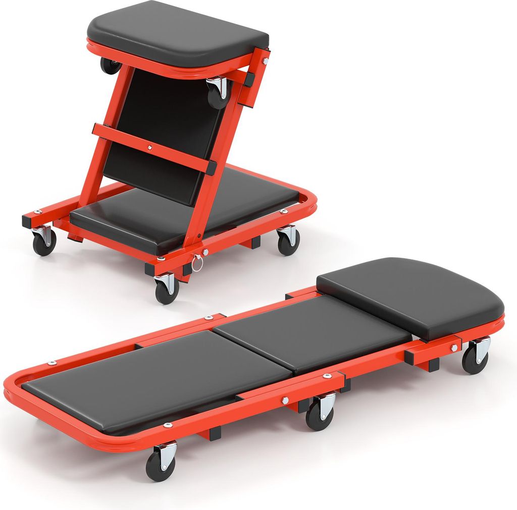 COSTWAY 2in1 Rollbrett Werkstatt, Montagerollbrett mit 6 Rollen & gepolstertem Sitz, KFZ-Rollbrett bis 160kg, Werkstatthocker 102x40x14cm Schwarz