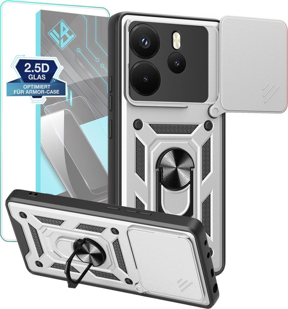 Armor Handyhülle für Xiaomi Redmi Note 14 mit 9H Displayglas Displayschutz Kameraschutz Handy Panzer Case Cover Schutzhülle Outdoor Farbe: Silber
