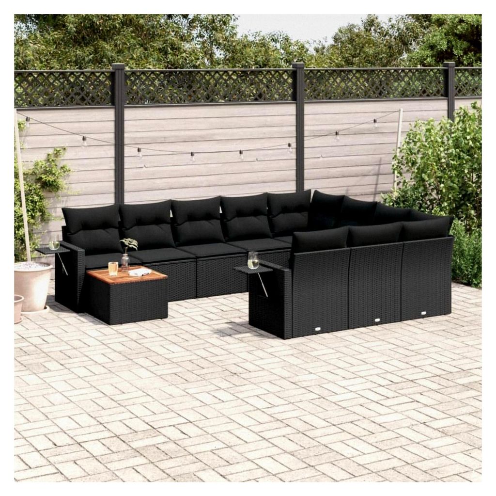 Gartenmöbel-Set, 11-teilig mit Kissen, Polyrattan, Schwarz