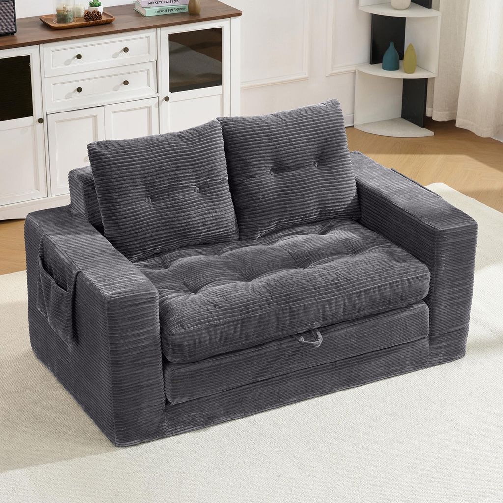 okwish Zweier Klappsofa mit Seitentasche und Armlehne, Klassische Sofas mit Schlaffunktion,Wohnzimmersofa,für kleine Wohnungen,Dunkelgrau