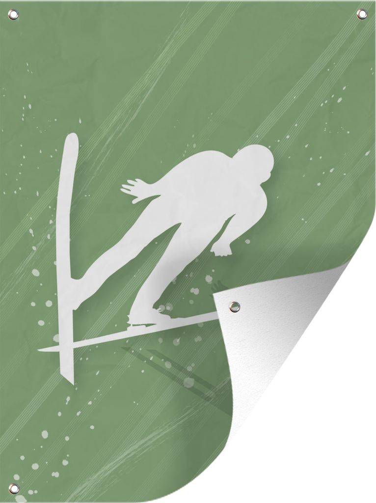 MuchoWow 30x40 cm Outdoor-Poster Gartendeko Sichtschutz Garten Poster für den Garten Eine Illustration eines Skispringers auf grünem Hintergrund