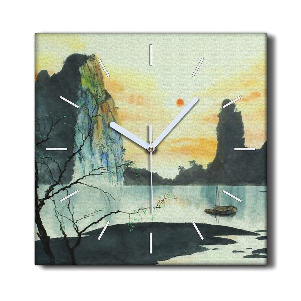 Coloray Hodiny Unikátní 30x30 cm Tiché hodiny Pro obývací pokoj a kuchyň Nástěnné hodiny Plátno Černé ručičky hodin - Asia Mountain mlha
