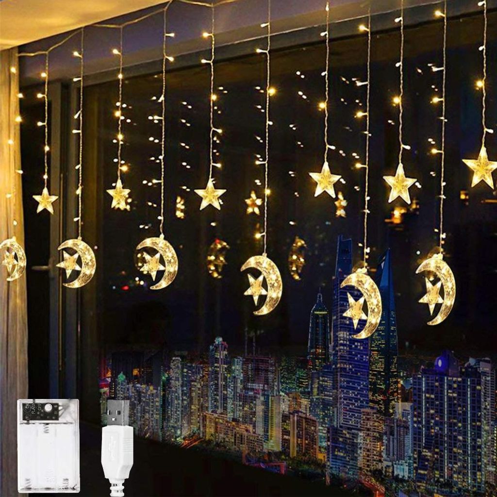 LED-Lichterkette für Fenster, Vorhänge, Lichterkette mit Mond und Sternen, batterie- und USB-betrieben, für drinnen, Schlafzimmer und draußen, ...