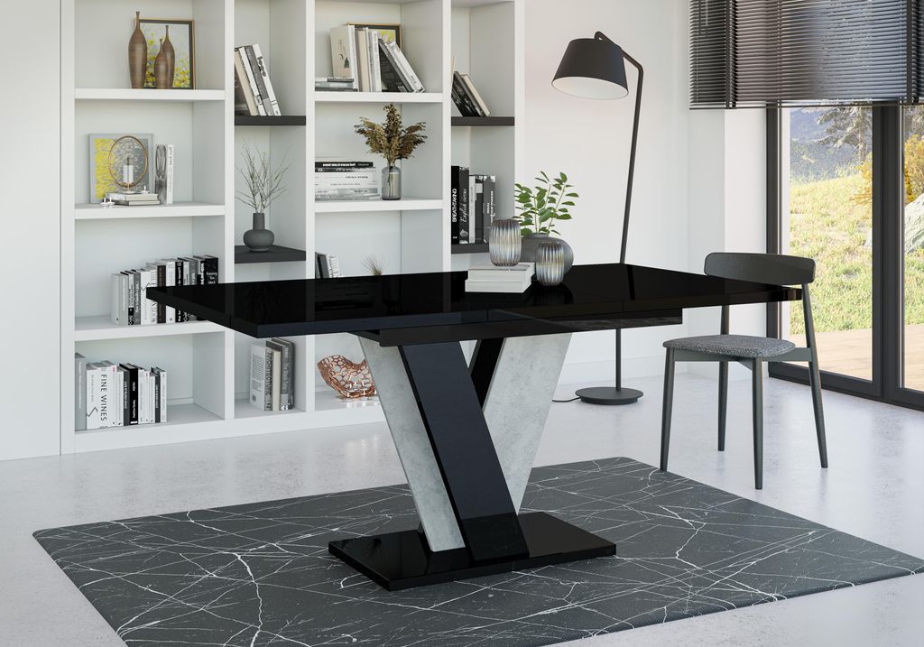 Esstisch VINEY, Stilvoll Ausziehbar Esszimmertisch, Design Tisch, Esszimmer (Schwarz Hochglanz + Beton)