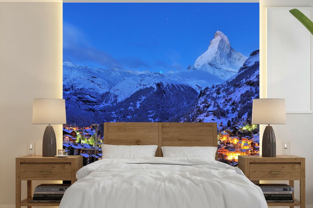 MuchoWow Fototapete für Wohnzimmer oder Schlafzimmer Wandtapete Vinyl Motivtapete Sonnenaufgang über dem Schweizer Matterhorn in Zermatt - 240x...