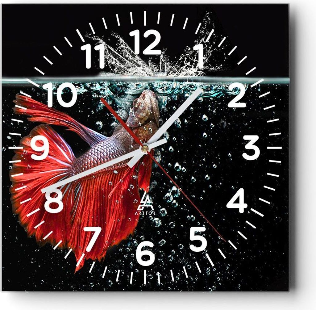 Wanduhr - Quadrat - Glasuhr - Fisch Wasser Natur - 40x40cm - Schleichendes Uhrwerk - Lautlos - zum Aufhängen bereit - Dekoration Modern - Wanddeko...