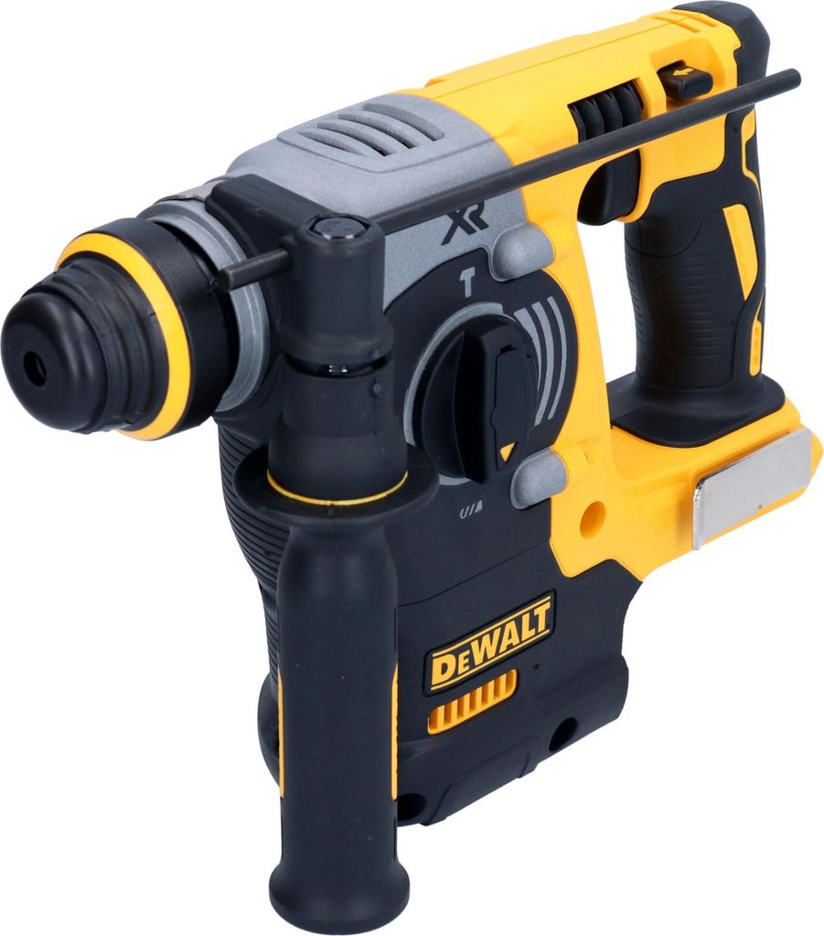 A yellow and black DeWalt rotary hammer is shown against a white background.