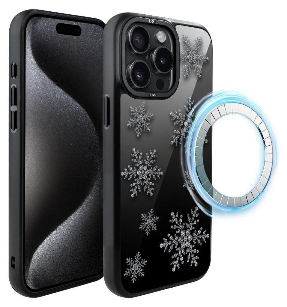 Schutzhülle für das iPhone 15 Pro, MagSafe-kompatibel, mattschwarze Seiten, Schneeflocken