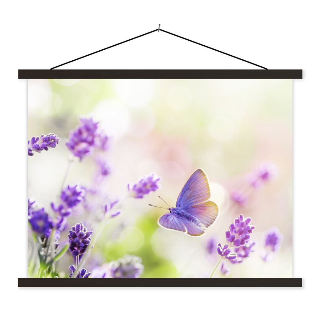 MuchoWow Textilposter Lavendel - Schmetterling - Blumen 120x90 cm mit schwarzem Rahmen - Aufhänger für Poster